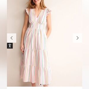 Boden May Tea Midi Dress Rainbow Seersucker White Ruffled Large Great Condition